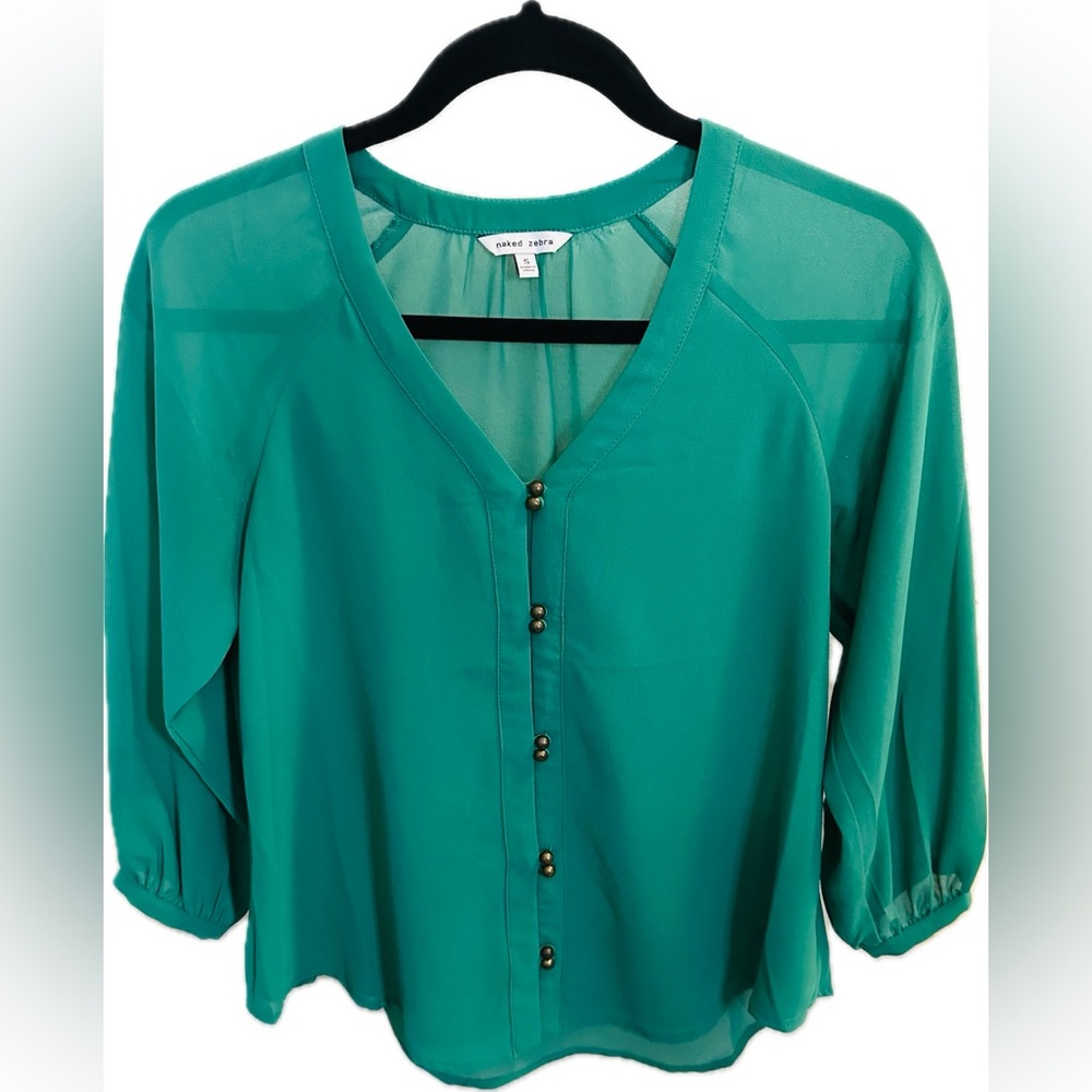Naked Zebra Business Casual Green Button Polyester Sheer Blouse